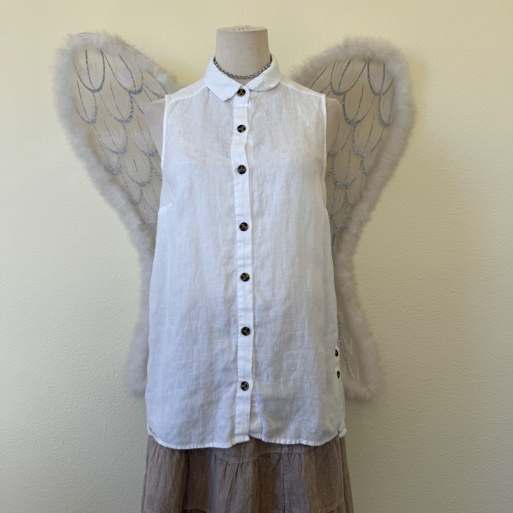 Minimal Earthy 100% Linen Button Up Shirt White‎ Boho Coastal Classic Sleeveless